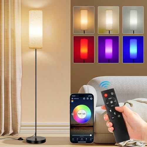 FRIDEKO HOME Floor Lamps for Living Room, Dimmable 3 Colors Temperature, Modern Corner Floor Lamp with Remote, Tall LED Standing Lamps for Kid Room Bedroom, Foot Switch, Beige Shade, 9W Smart Bulb