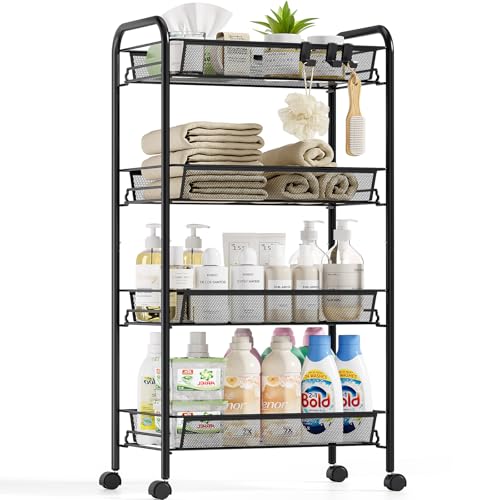 4-Tier Metal Utility Cart, Mesh Wire Rolling Cart on Wheels, Storage Trolley with Easy Assembly, Organizer Craft Cart 3 Hooks, Mobile Shelving Unit for Bathroom, Laundry Room, Home