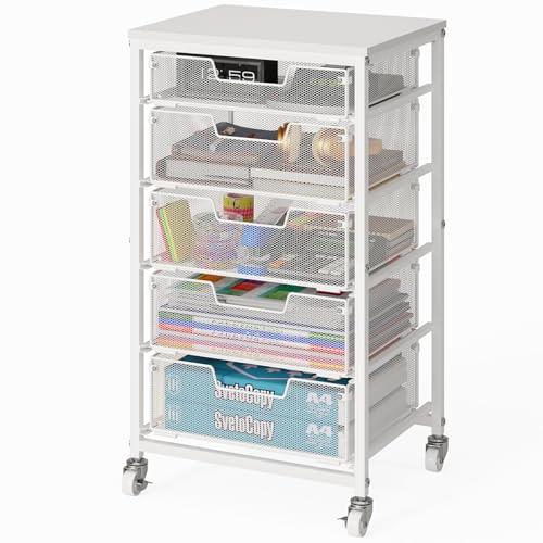 5 Drawer Mobile File Cabinet, Under Desk Mobile Filing Cabinet with Wheels, Vertical Metal Filing Chest Rolling Small Desk Printer Stand Storage Organization for Home Office, White