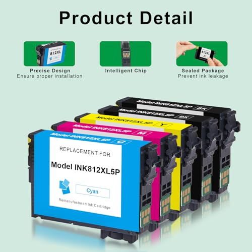 Remanufactured for 812XL Ink Cartridges Combo Pack with Lastest Chip Replacement for Epson 812 812XL T812XL Ink Cartridges Work with Epson Workforce Pro WF-7840 WF-7820 WF-7310 EC-C7000 Printers