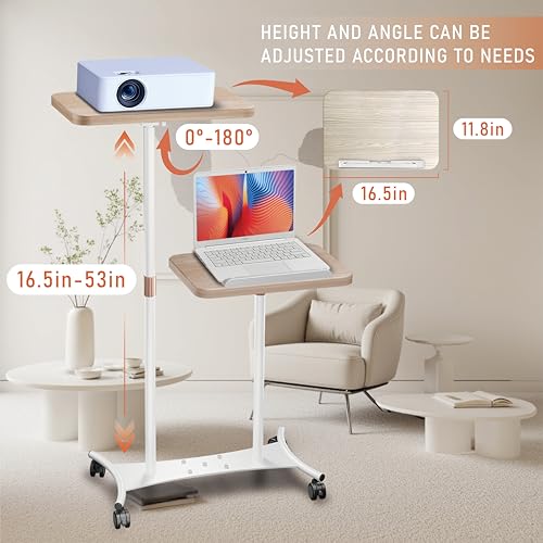 2 Shelves Projector Stand, Mobile Laptop Cart on Wheels Projector Stand Adjustable Height 20 to 53 Inches, Overbed Table with 5 Lockable Casters, Rolling Laptop Floor Stand for Couch (White)