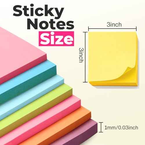 Sticky Notes 3x3 Inches, Bright Colors Self-Stick Pads, Easy to Post for Home, Office, Notebook,100 Sheets/pad (8 Pack)