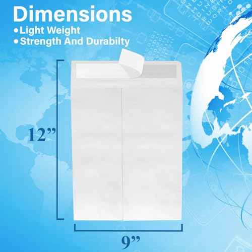 9 x 12 Envelopes, Tyvek Envelopes 9x12, Catalog Envelopes 9x12, Self Sealing Closure, Tyvek Material, 14 lb., Puncture, Tear & Moisture Resistant (50 Pack)