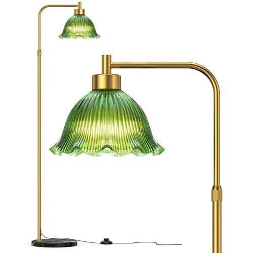 Glass Floor Lamp for Living Room, 70¡± Tall Lamp Adjustable Height Vintage Standing Lamp with Green Glass Lampshade Pedal Switch Flower Floor Light for Bedroom Study Room Corner Art Decor