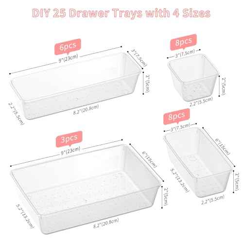 25 PCS Plastic Drawer Organizer Set, 4-size Clear Bathroom and Vanity Desk Drawer Organizer Trays, Non-Slip Versatile Storage Bins for Makeup Jewelry Office Kitchen Gadgets