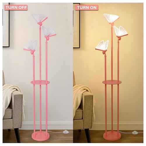 Butterfly Lamp, Pink Floor Lamp with Shelves, 3 Lights Modern Standing Lamps with Table, Acrylic Adjustable LED Butterfly Lights, On/Off Switch, Corner Tall Lamps for Living Room Girls Bedroom