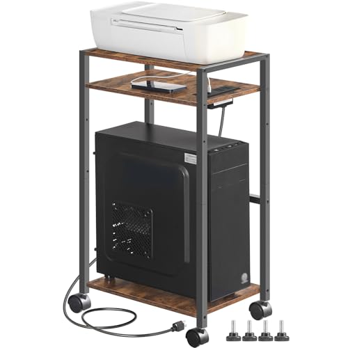 HOOBRO 3-Tier Computer Tower Stand with Charging Station – Movable CPU & Printer Stand