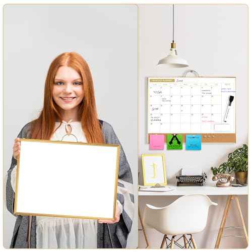 ARCOBIS Dry Erase Calendar with Cork Board for Wall, 12"x16" Double-Sided Calendar Whiteboard & White Board with Gold Frame, Magnetic Monthly Planning Board for Home, Office, School