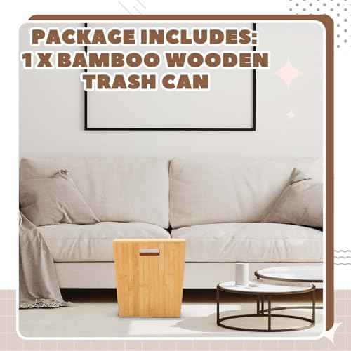 Slim Bamboo Trash Can for Bathroom Small Wooden Trash Can with Lid Wooden Waste Bin with Handle for Bathroom, Home, Office, Laundry, Bedroom, Kitchen, Living Room,12.9'' x 6.4'' x 13.3''