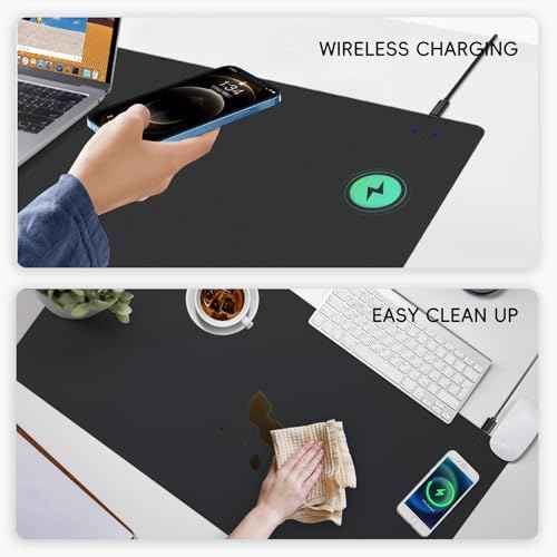 Mouse Pad with Wireless Charging, PU Leather Fast Charging Gaming Mouse Pad, Waterproof Anti-Slip Surface, Easy Clean Office Table Mat, 32L x 16W x 0.15H inches, Black(Right Side Charging Port)