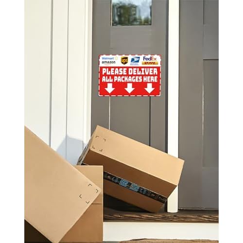 Package Delivery Metal Sign, Please Deliver All Packages Here, Waterproof & Rustproof Red Aluminum Delivery Instructions for Box House Yard Front Door Outdoor Home Use 8¡¿12 Inch
