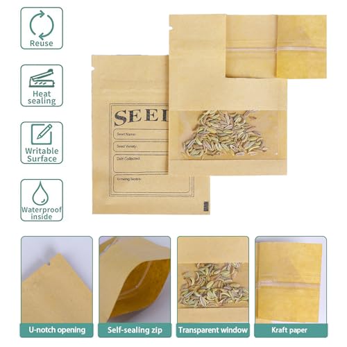 FERENLI 100 Pack Seed Envelopes with Clear Window, Resealable Kraft Paper Packets - 2.7x3.7 Inch
