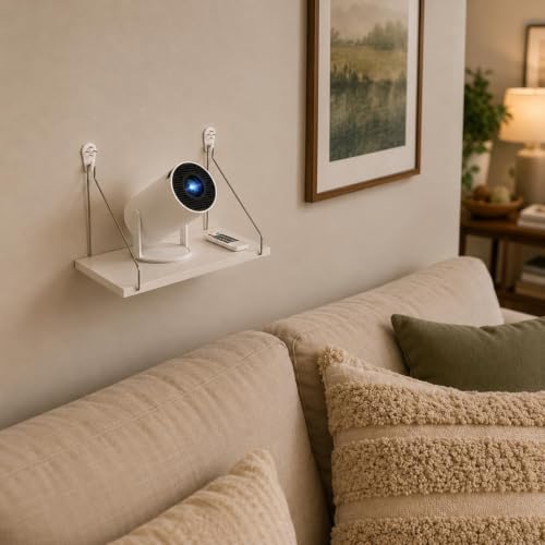 White Mini Projector Shelf No Drill Mount 16×8 Inch - 3 Installation Options