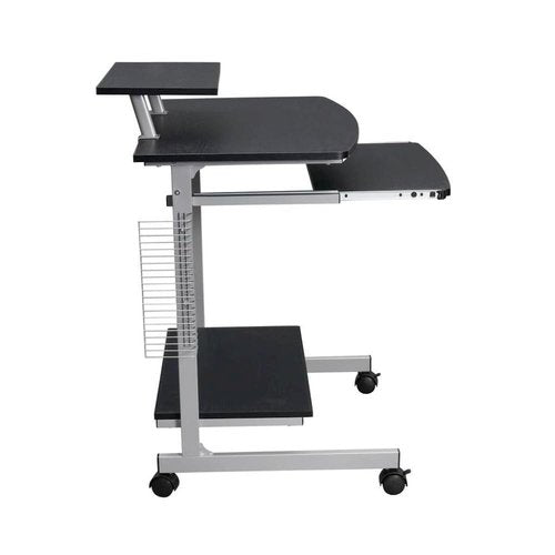 Furnifact Brown Mobile Desk with Adjustable Shelf, Keyboard Tray, Side Media Rack and Locking Casters, Compact Portable Work Station for Small Spaces
