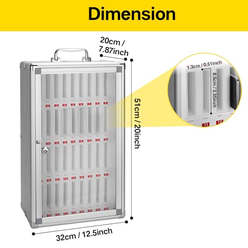 36-Slot Cell Phone Locker with Lock & Key, Heavy Duty Aluminum & Acrylic Cell Phone Storage for Classroom, Office, Retail ? Wall Mount Secure Cell Phone Holder, Lock Box, Phone Jail (Silver)
