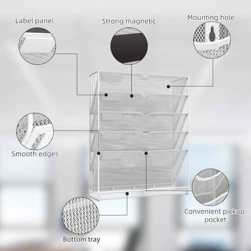 6 Tier Magnetic File Holder, No Drilling Installation File Cabinet Organizer,Black Magnetic File Holders, Magnetic Paper Holder for Refrigerator,File Cabinets, Whiteboard, White