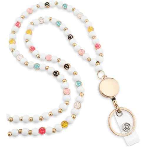 Smile Teacher Lanyard for Women with Retractable ID Badge Reel and Keychain Cute Happy Beads Lanyard