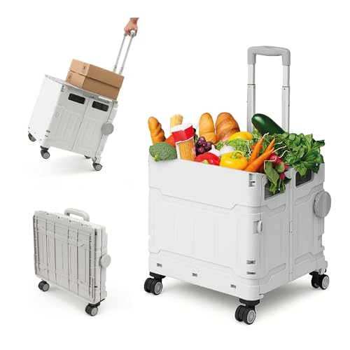 Elly Utility Cart Foldable with 4 Smooth-Rotate Wheels, Telescopic Handle & Snap-Closure Lid, Heavy-Duty Design for Daily Carrying Needs, Rolling Crate Perfect for Shopping, Office, Travel and Storage