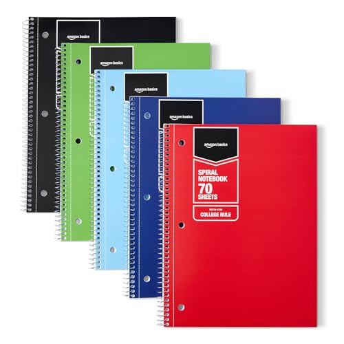 Amazon Basics College Ruled Spiral Notebook - 70 Sheets, 8 x 10.5 Inches, 5 Pack