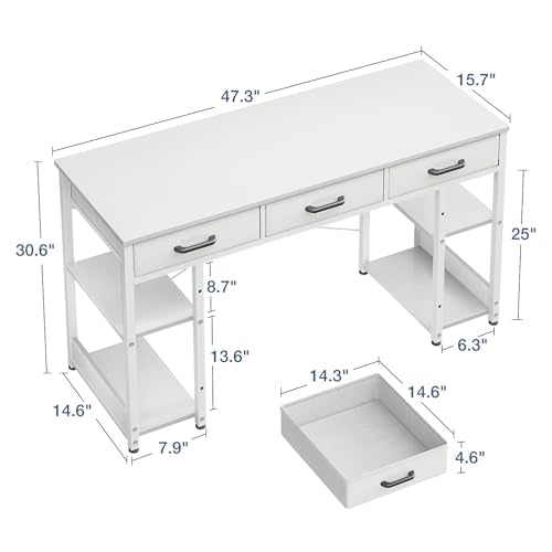 Casaottima Small Office Desk with Fabric Drawers, Computer Desk with Storage Shelves, Modern Writing Table, 48" Home Desk, Pure White