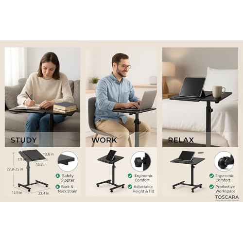 Adjustable Sit & Stand Desk ? Rolling Laptop Desk with Lockable Wheels, Portable Standing Computer Table for Home Office, Small Space Workstation with MDF Top & Steel Frame, Modern Black