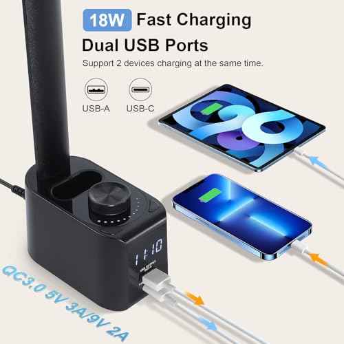 Lightess LED Desk Lamp with 2 USB Charging Ports, 50 Lighting Modes Dimmable Desk Light with Pen Holder and Clock, Foldable Desk Lamp for Home Office Home Office Reading(Black)