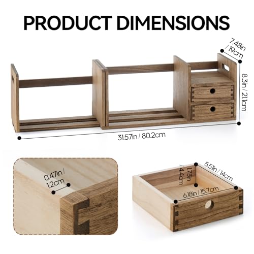 KIRIGEN Wood Adjustable Desk Orangizer Storage Expanable Desktop Bookshelf Fully Assembled Bookcase Adjustable Book Rack with Drawer for Office SSSJ-L-DBR