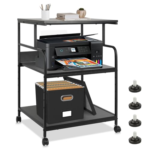 FAHKNS Printer Stand, 3 Tier Large Printer Stand with Wheels, 23.6 x 18.9 x 29.5 Inch Office Table with Height Adjustable Storage Shelf for Office Home, Rolling Cart for Printers Table, Black