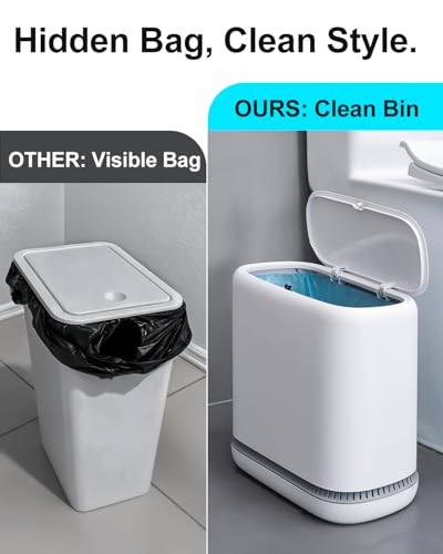 Slim White Bathroom Trash Can with Lid & Air-Press Bag Expander, Pet-Proof, Narrow Space Waste Bin