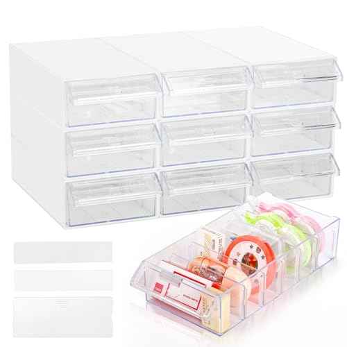 Goaste 9 Pack Drawer Stacking Storage Cabinet, Plastic Desktop Drawer Closet, Small Parts Hardware Craft Organizer Container with 21 PCS Clear Dividers, 11 PCS Tag Cards for Mini Figure Jewelry Bead