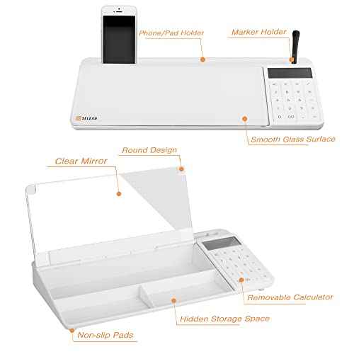 SELEAD Desktop Glass Whiteboard with Calculator & Built-in Mirror, Dry Erase White Board Computer Pad Keyboard Stand with Organizer Drawer, Desk Accessories for Home, School, Office