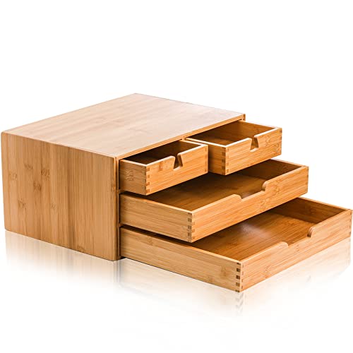 DEAYOU Bamboo Desk Organizer, 100% Natural Bamboo Desktop Drawer Organizer, Tabletop Storage Cabinet Organization Box with 4 Drawers for Makeup, Letter, Home Office Supplies, 3-Layer, Fully Assembled