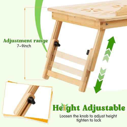 Bamboo Laptop Desk, Adjustable Foldable Bed Tray Table for Bed, Sofa, and Floor, Portable Lap Desk with Tilting Top & Drawer for Writing, Reading, Breakfast, Drawing, and Working