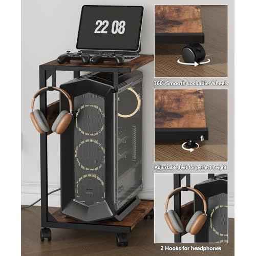 2 Tier Computer Tower Stand with Charging Station, 11.8" D x 16.5" W Rolling Floor PC Tower Stand Fits Under Desk, CPU Holder Cart for Carpet with Hooks, C Shaped End Table for Home Office