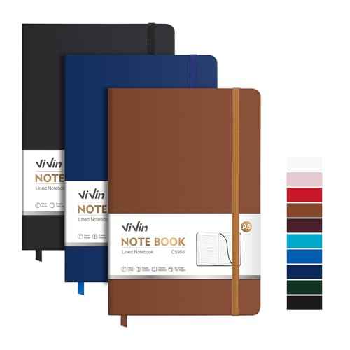 ViVin Lined Journal Notebooks, 3 Pack, (Black, Navy, Brown), 192 Pages, Medium 5.5 x 8.3 inch, College Ruled, A5 Hardcover Notebooks, Journaling Notebooks for Work, Writing, School