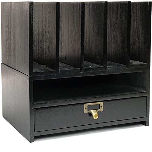Excello Global Products Wooden Vertical Letter Tray with Drawer: Desktop Organizer for Files, Folders, Binders, Notebooks, Pens, Pencils & Office Supplies (Black)