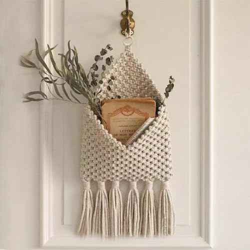 Macrame Mail Organizer Wall Mounted, Handmade Hanging Woven Basket for Boho Home Office Decor, Over the Door Key Letter Envelope File Holder for Entryway Hallway, White