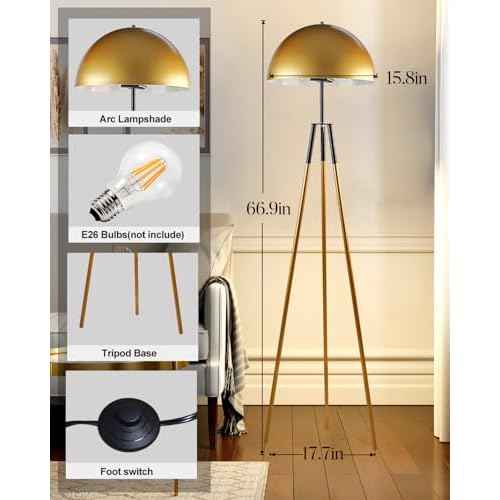 Lightdot 67IN LED Tripod Floor Lamp, Mid Century Standing Lamps, Industrial Floor Lamp for Living Room, Bedroom, Study Room and Office, Arc Shade with E26 Base-Gold