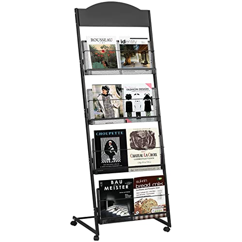 18.9''W Floor-Standing Magazine Display Rack, Rolling Journals, Brochure & Newspaper Stand, Literature Holder for Trade Shows, Exhibitions, & Offices, Black