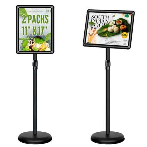 Poster Stand Holder Adjustable Pedestal Floor Standing Sign Holder Vertical and Horizontal View Sign Display, Aluminum Snap Open Frame with Safety Corner (2P-Black-11x17)