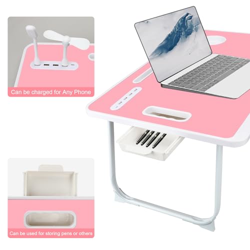 Laptop Bed Table, Laptop Desk for Bed, Foldable Laptop Bed Desk with USB Charge Port, Handle, Desktop Card Slot, Cup Slot, Side Drawer, Portable Laptop Table for Bed Eating Reading Working