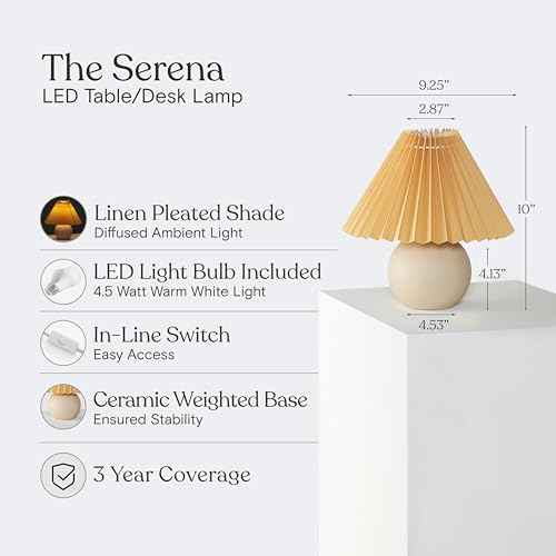 Brightech Serena LED Table Lamp - Modern Ceramic Lamp with Pleated Shade for Bedside, Nightstand, Desk - Cozy Night Light with Soft White Light for Living Room, Bedroom - Peach