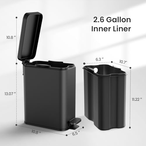 Cesun Small Bathroom Trash Can with Lid, 2.6 Gallons, Black, Soft Close