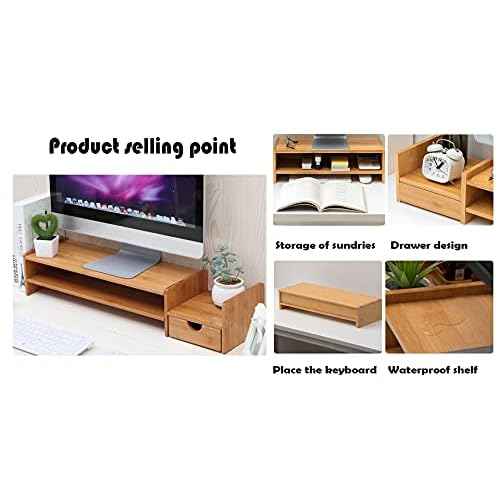 Monitor Stand Riser Desk Organizer-Bamboo 2 Tier Laptop Stand With Drawers, Adjustable Desktop Storage Organizer For Computer, Printer, Cellphone-Use In Office,Home /Reduce Neck &Eye Strain(Basic)