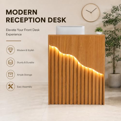 Oak Finish DYRABREST Modern Reception Desk with Locking Drawer & LED Light, 37.8in