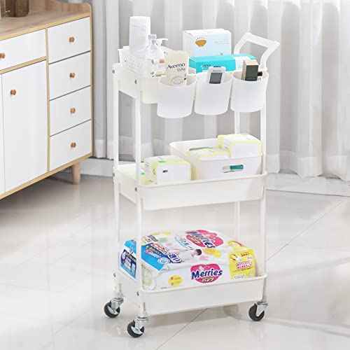 3-Tier Utility Rolling Cart,Mobile Utility Cart with Lockable Caster Wheels,Storage Shelves Organizer Cart, 3 Hanging Baskets, Easy Assembly,for Bathroom, Kitchen, Office, Workshop