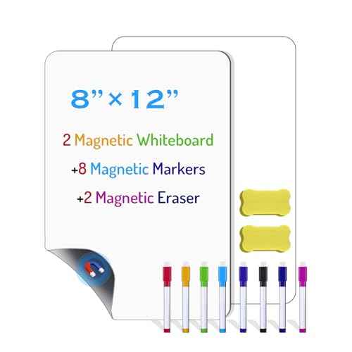 2 Pack PET Magnetic Whiteboard for Fridge, Small Magnetic Dry Erase Boards with 8 Markers and 2 Eraser, Reusable Blank Magnet White Board Sheets for Home, Kitchen, Office, Classroom - 12" x 8"