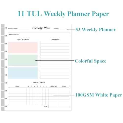 Weekly Planner Undated Refills - Letter Size 53 Sheets/106 Pages Colorful Weekly Planner for 11-Disc Discbound, TUL, 100 gsm White Paper, Lasts 1 Year, Undated, 8.5" x 11"