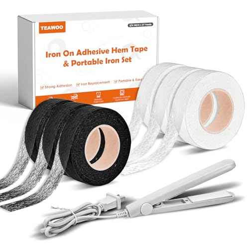 6 Rolls Hemming Tape with Portable Iron ? (3/4 Inch x 27 Yards Each, 3 White & 3 Black), 162 Yards Total Iron-On Hem Tape for Pants, Curtains, Dresses & Crafts