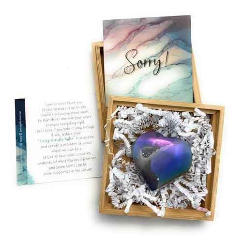 Smiling Wisdom - NEW - Sorry Mini Apology Greeting Card and Matching Palm Heart Keepsake Gift Set - Electroplated Geode Heart